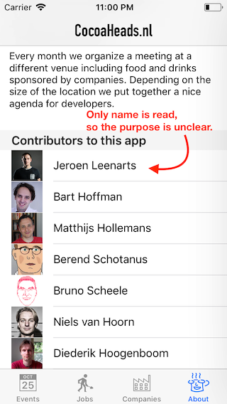 Screenshot of the contributors list, where only the name is read out loud.