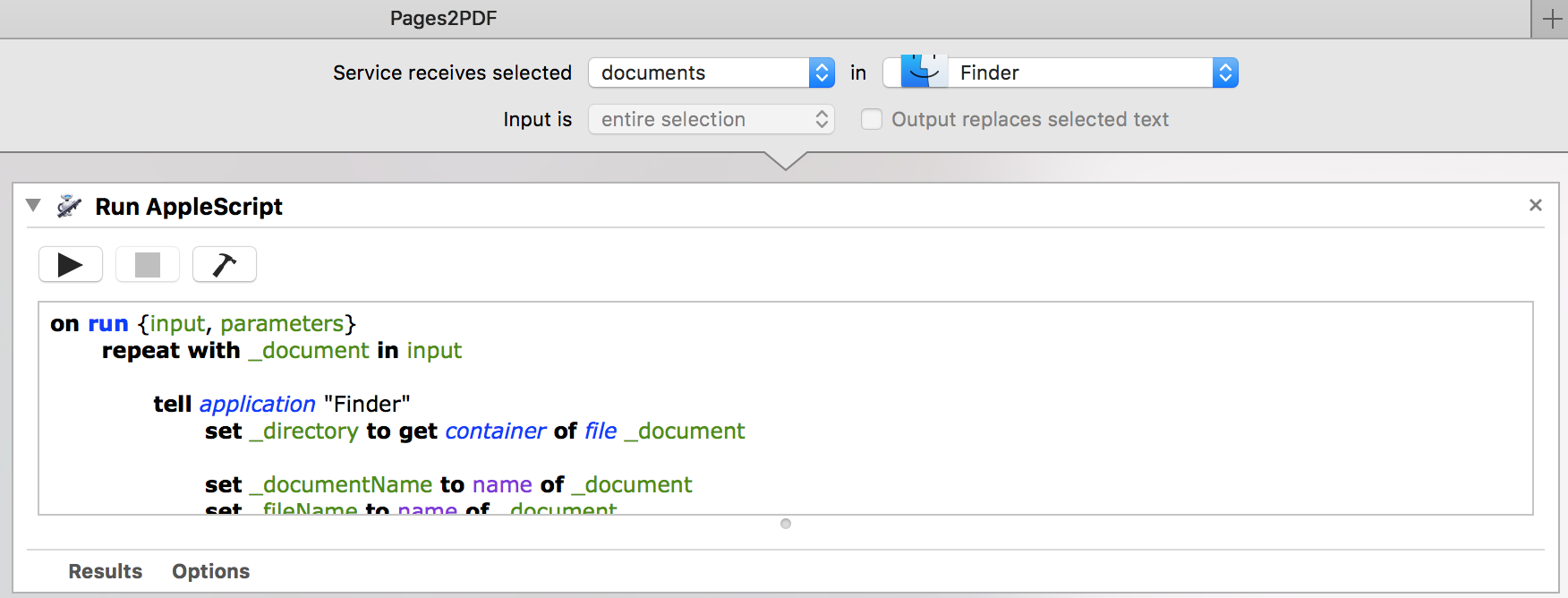 A service in Automator, which uses selected documents in Finder as input for the AppleScript